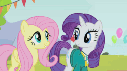 Size: 960x540 | Tagged: safe, screencap, fluttershy, rarity, pegasus, pony, unicorn, filli vanilli, animated, balloon, banner, blinking, clothes, cute, eyes closed, female, looking at each other, mare, no drama, nuzzling, ponytones outfit, raised hoof, raribetes, shyabetes, smiling, sweet