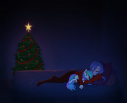 Size: 1280x1041 | Tagged: safe, artist:scorpdk, princess celestia, princess luna, human, bed, christmas, christmas tree, clothes, commission, eyes closed, humanized, on side, plushie, sleeping, smiling, snuggling, sofa, stockings, sweater, tree