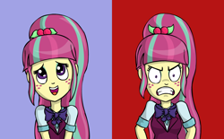 Size: 1100x680 | Tagged: safe, artist:artattax, sour sweet, equestria girls, friendship games, angry, blushing, frown, glare, gritted teeth, open mouth, simple background, smiling, sour rage, sour sweet is not amused, sourdere, tsundere, unamused, wide eyes
