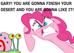 Size: 1601x1168 | Tagged: safe, pinkie pie, earth pony, pony, pinkie pride, angry, dialogue, dying for pie, gary the snail, image macro, meme, ragey pie, simple background, spongebob squarepants, transparent background