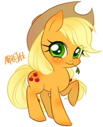 Size: 650x801 | Tagged: safe, artist:qpqp, applejack, earth pony, pony, blushing, cute, jackabetes, looking at you, mouth hold, raised hoof, simple background, smiling, solo, white background