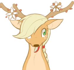 Size: 773x739 | Tagged: safe, artist:tsumini, applejack, deer, bust, deerified, flower, food, mouth hold, portrait, simple background, solo, species swap