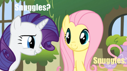 Size: 1365x768 | Tagged: safe, fluttershy, rarity, pegasus, pony, unicorn, image macro, imma snuggle you, meme, snuggles?