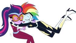 Size: 2048x1153 | Tagged: safe, artist:ilaria122, derpibooru import, masked matter-horn, rainbow dash, sci-twi, twilight sparkle, zapp, equestria girls, movie magic, spoiler:eqg specials, boots, clothes, costume, female, flying, geode of super speed, geode of telekinesis, glomp, goggles, high heel boots, high heels, hug, magical geodes, out of context, ponytail, power ponies, simple background, superhero, transparent background, vector