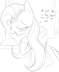 Size: 621x754 | Tagged: safe, artist:dotkwa, fluttershy, oc, oc:dot, pegasus, pony, blushing, clothes, crying, dialogue, dress, grayscale, happy, monochrome, self insert, solo, tears of joy, wedding, wedding dress