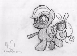 Size: 2892x2118 | Tagged: safe, artist:drawponies, applejack, earth pony, pony, filly, monochrome, solo, traditional art, younger