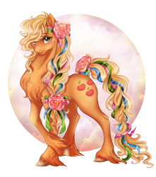 Size: 1053x1193 | Tagged: safe, artist:cigarscigarettes, applejack, earth pony, pony, alternate hairstyle, blushing, crossed legs, flower, flower in hair, freckles, looking at you, pretty, ribbon, shy, solo, tail wrap, unshorn fetlocks