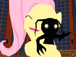 Size: 1018x768 | Tagged: safe, artist:the-horrible-mu, fluttershy, pegasus, pony, 3d, ballroom, beast's castle, crossover, desperate, heartless, hug, kingdom hearts, mmd, scared, shadow