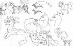 Size: 800x507 | Tagged: safe, artist:ackryllis, princess celestia, princess luna, twilight sparkle, oc, alicorn, merpony, pony, monochrome, sketch dump, traditional art