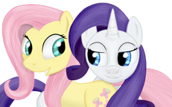 Size: 640x400 | Tagged: safe, artist:simeonleonard, fluttershy, rarity, pegasus, pony, unicorn, female, mare, pink mane, purple mane, white coat, yellow coat