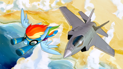 Size: 1920x1080 | Tagged: safe, artist:dori-to, derpibooru import, rainbow dash, pegasus, pony, clothes, f-35 lightning ii, female, flying, goggles, jet, jet fighter, mare, uniform, wonderbolts uniform