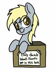 Size: 545x719 | Tagged: safe, artist:terdburgler, derpy hooves, pegasus, pony, box, female, mare, pony in a box, self deprecation, simple background, solo, white background