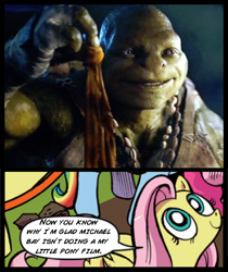 Size: 397x473 | Tagged: safe, idw, fluttershy, pegasus, pony, blue coat, blue eyes, dialogue, exploitable meme, female, looking up, mare, meme, michelangelo, multicolored tail, nature is so fascinating, obligatory pony, pink coat, pink mane, smiling, speech bubble, teenage mutant ninja turtles, wings, yellow coat