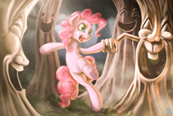 Size: 3508x2348 | Tagged: safe, artist:mrs1989, pinkie pie, earth pony, pony, dancing, fist bump, hoofbump, laughing, solo, tree, tree with face, underhoof