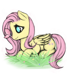 Size: 550x623 | Tagged: safe, artist:sugarwaterbomb, fluttershy, butterfly, pegasus, pony, cute, grass, prone, smiling, solo