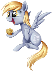 Size: 1024x1394 | Tagged: safe, artist:autumn-dreamscape, derpy hooves, pegasus, pony, cute, derpabetes, female, food, happy, mare, muffin, open mouth, simple background, solo, that pony sure does love muffins