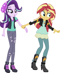 Size: 1638x1980 | Tagged: safe, artist:davidsfire, starlight glimmer, sunset shimmer, equestria girls, mirror magic, spoiler:eqg specials, beanie, boots, clothes, female, geode of empathy, hat, high heel boots, open mouth, pants, shirt, shoes, simple background, transparent background, vector, vest, watch, wristwatch