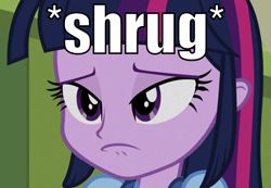 Size: 866x600 | Tagged: safe, derpibooru import, edit, edited screencap, screencap, twilight sparkle, equestria girls, descriptive noise, image macro, meme, shrug, solo, text