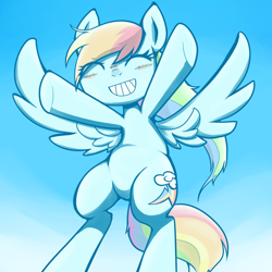 Size: 2040x2040 | Tagged: safe, artist:91o42, derpibooru import, rainbow dash, pegasus, pony, collaboration, blushing, eyes closed, female, mare, sky, smiling, solo, spread wings, underhoof, wings