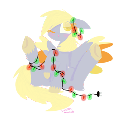 Size: 1008x1008 | Tagged: safe, artist:vanillaswirl6, derpy hooves, pegasus, pony, blushing, christmas lights, female, mare, simple background, solo, transparent background, unshorn fetlocks