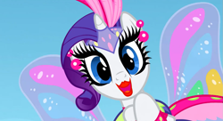 Size: 1099x597 | Tagged: safe, screencap, rarity, pony, unicorn, sonic rainboom (episode), and then there's rarity, fashion disaster, glimmer wings, irony, lipstick, solo, tacky