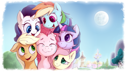 Size: 1024x576 | Tagged: safe, artist:sea-maas, derpibooru import, applejack, fluttershy, pinkie pie, rainbow dash, rarity, twilight sparkle, earth pony, pegasus, pony, unicorn, commission, crying, happy, joy, mane six, moon, pink side of the moon, ponyville, smiling, song in the comments, tears of joy, thumbnail