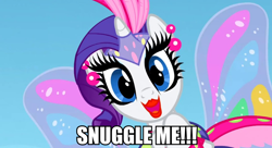 Size: 884x480 | Tagged: safe, rarity, pony, unicorn, image macro, imma snuggle you, makeup, meme, solo