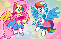 Size: 637x414 | Tagged: safe, artist:alexanderkrizak, derpibooru import, fluttershy, rainbow dash, pegasus, pony, female, flutterdash, lesbian, magical girl, shipping, super lesbian horse rpg