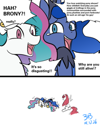 Size: 1024x1308 | Tagged: safe, artist:congee-painting, princess celestia, princess luna, oc, oc:fausticorn, alicorn, pony, brony, comic, kimoi girls, laughing, looking at you, shaming