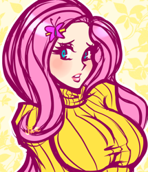 Size: 600x698 | Tagged: dead source, safe, artist:juurikun, fluttershy, human, big breasts, blushing, breasts, clothes, female, hootershy, humanized, looking at you, solo, sweater, sweater puppies, sweatershy, turtleneck, vacuum sealed clothing