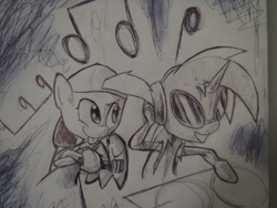 Size: 1072x804 | Tagged: safe, artist:matugi, derpy hooves, dj pon-3, vinyl scratch, pegasus, pony, female, grayscale, grin, hat, headphones, mare, microphone, monochrome, music notes, tongue out, traditional art