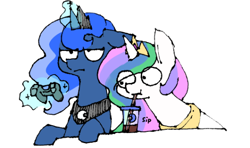 Size: 570x337 | Tagged: safe, artist:toki, princess celestia, princess luna, alicorn, pony, controller, drink, egophiliac-ish, female, gamer luna, inconvenient, inconvenient celestia, inconvenient trixie, levitation, magic, mare, style emulation, unamused, woonoggles