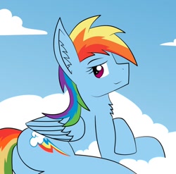 Size: 898x889 | Tagged: safe, artist:kenolax21, derpibooru import, rainbow dash, pegasus, pony, backwards cutie mark, cloud, solo