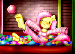 Size: 1519x1097 | Tagged: safe, artist:xptzstudios, fluttershy, anthro, plantigrade anthro, ball pit, barefoot, belly button, blushing, clothes, cute, feet, midriff, pajamas, soles, solo, toes