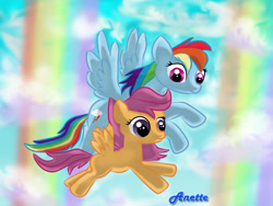 Size: 1000x750 | Tagged: safe, artist:anna-krylova, derpibooru import, rainbow dash, scootaloo, pegasus, pony, duo, flying, scootaloo can fly, scootalove