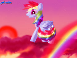 Size: 1000x750 | Tagged: safe, artist:anna-krylova, derpibooru import, rainbow dash, pegasus, pony, cloud, cloudy, fluffy, rainbow, solo