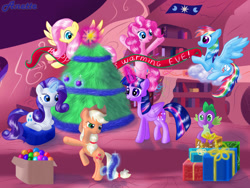 Size: 1024x768 | Tagged: safe, artist:anna-krylova, derpibooru import, applejack, fluttershy, pinkie pie, rainbow dash, rarity, spike, twilight sparkle, twilight sparkle (alicorn), alicorn, dragon, earth pony, pegasus, pony, unicorn, cute, female, hearth's warming eve, mane seven, mane six, mare, present