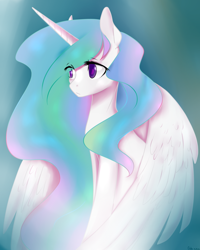 Size: 1280x1600 | Tagged: safe, artist:cloud-up, princess celestia, alicorn, pony, eye clipping through hair, female, gradient background, horn, mare, missing accessory, multicolored mane, solo, white coat, white wings