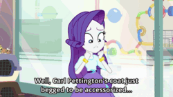 Size: 576x324 | Tagged: safe, screencap, fluttershy, rarity, cat, hamster, equestria girls, hamstocalypse now, rainbow rocks, amelia furhart, and then there's rarity, animated, carl pettington, clothes, coat, curtis pawpower, hamster habitat, necktie, rope, scarf, skirt, subtitles