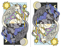 Size: 1280x989 | Tagged: safe, artist:qiisnii, princess celestia, princess luna, alicorn, pony, moon, scepter, sun