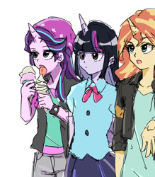 Size: 700x800 | Tagged: safe, artist:misochikin, starlight glimmer, sunset shimmer, twilight sparkle, equestria girls, beanie, clothes, food, hat, horned humanization, humanized, ice cream, ice cream cone, jacket, leather, leather jacket, shirt, simple background, skirt, that human sure does love ice cream, trio, white background