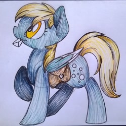 Size: 1453x1456 | Tagged: safe, artist:cutepencilcase, derpy hooves, pegasus, pony, female, letter, mailbag, mailmare, mare, mouth hold, raised hoof, solo, traditional art