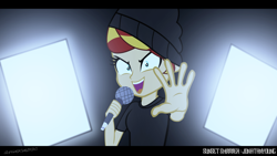 Size: 2560x1440 | Tagged: safe, artist:ngrycritic, sunset shimmer, equestria girls, clothes, evil grin, female, jonathan young, microphone, open mouth, singing, smiling, solo