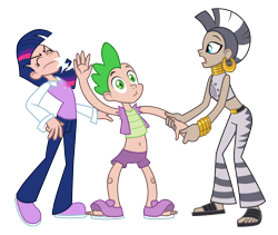 Size: 2000x1685 | Tagged: safe, artist:trinityinyang, derpibooru import, spike, twilight sparkle, zecora, human, secret of my excess, belly button, human spike, humanized, midriff, scene interpretation, simple background, transparent background