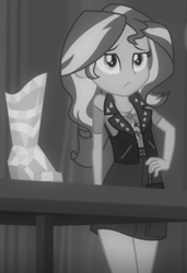 Size: 530x775 | Tagged: safe, screencap, sunset shimmer, equestria girls, equestria girls series, rarity investigates: the case of the bedazzled boot, black and white, boots, cropped, grayscale, hand on hip, legs, monochrome, noir, sexy, shoes, solo