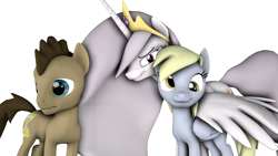 Size: 3840x2160 | Tagged: safe, artist:unknownspeedalicorn, derpy hooves, doctor whooves, princess celestia, alicorn, pegasus, pony, 3d, female, looking at you, mare, princess molestia, simple, source filmmaker, worried