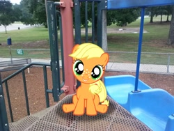 Size: 2592x1944 | Tagged: safe, artist:anevilzebra, artist:tokkazutara1164, applejack, bench, filly, irl, looking at you, photo, playground, ponies in real life, shadow, sitting, slide, solo, tree, vector