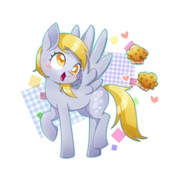 Size: 1500x1500 | Tagged: safe, artist:dun, artist:藍宵, derpy hooves, pegasus, pony, blushing, colored pupils, cute, female, food, happy, heart, mare, muffin, open mouth, pixiv, raised hoof, raised leg, simple background, smiling, solo, spread wings, that pony sure does love muffins, walking, white background