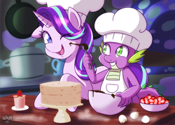 Size: 4000x2857 | Tagged: safe, artist:danmakuman, spike, starlight glimmer, dragon, pony, unicorn, apron, baby, baby dragon, baking, best friends, bowl, cake, chef's hat, chocolate, clothes, commission, cooking, cute, dessert, egg, egg shells, female, flour, food, friendshipping, frosting, fun, gem, glimmerbetes, hair flip, hair over one eye, hat, jewels, kitchen, male, mare, messy, one eye closed, open mouth, pans, playful, pot, signature, spikabetes, spikelove, spoon, strawberry, twilight's castle