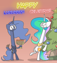 Size: 2000x2200 | Tagged: safe, artist:switchy, princess celestia, princess luna, alicorn, pony, ask celestia stuff, bipedal, christmas tree, dreidel, hat, judaism, long neck, menorah, neck pony, santa hat, tree